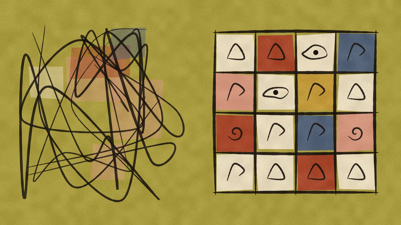 Abstract painting: a tangle of lines on the left and an ordered grid of symbols on the right, on an olive field