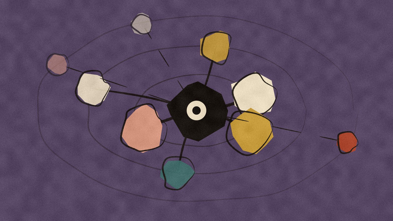Abstract painting: an inked eye at the centre, with coloured shapes on rings around it, the near ones tied on, the far ones on broken lines, on a plum field