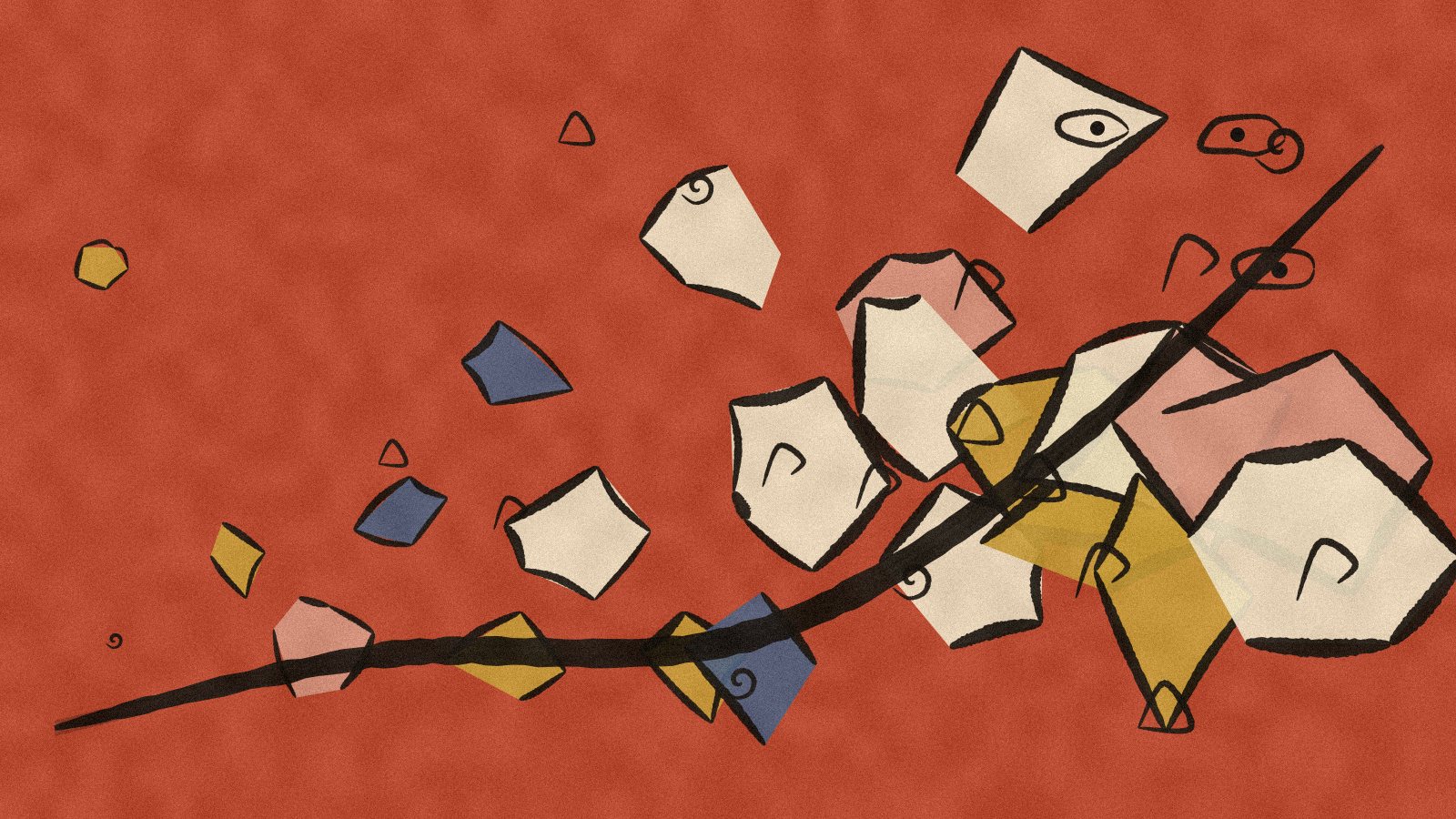 Abstract painting: a black line rising through scattered paper shapes on a rust field
