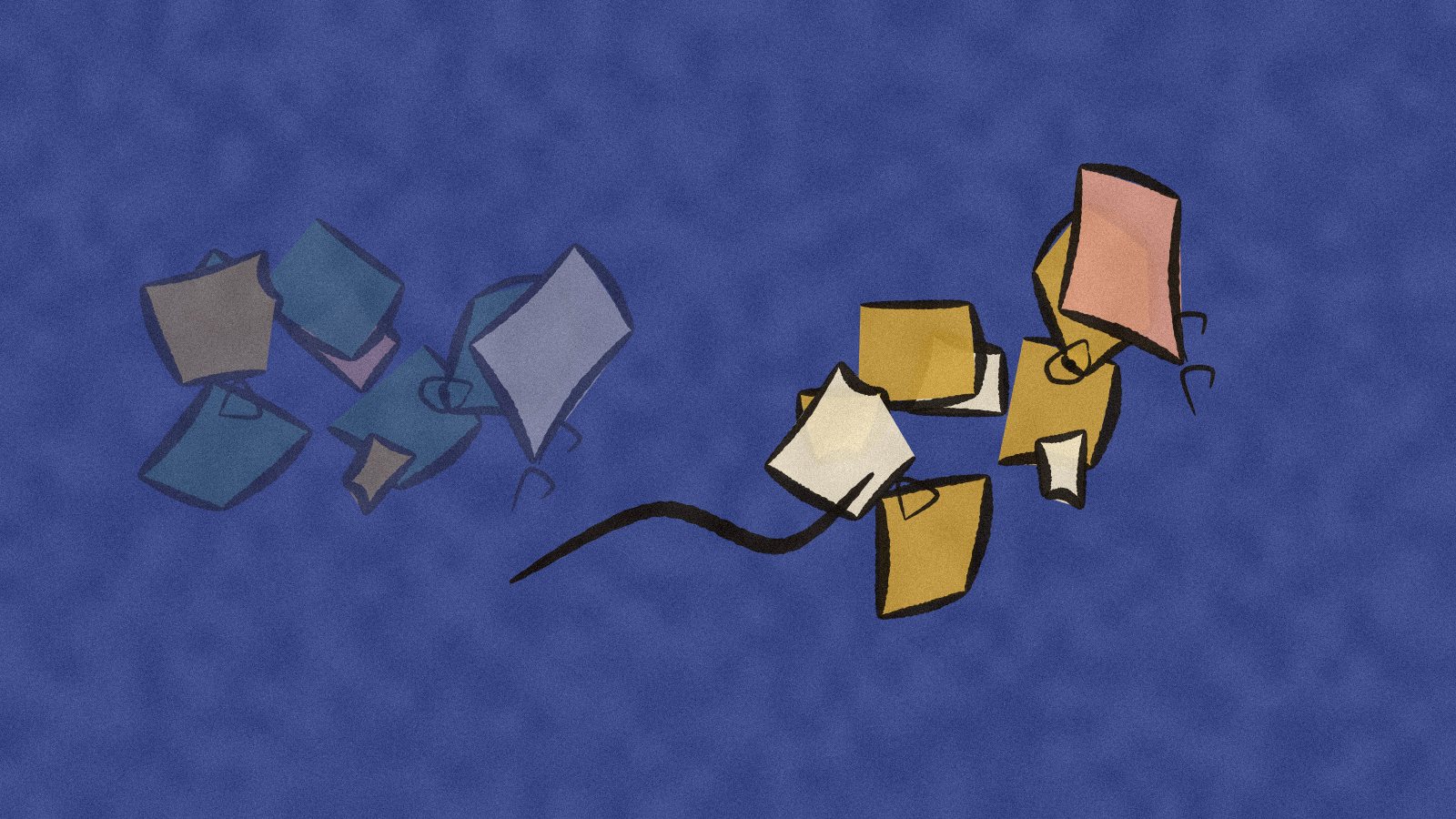 Abstract painting: the same cluster of paper shapes shown twice, the second turned, on a slate blue field